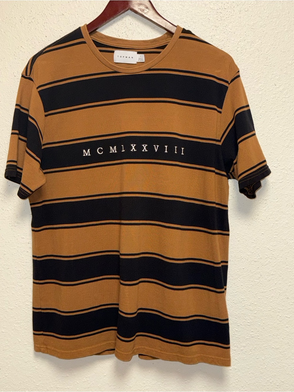 Topman Brown and Black Striped Crew Neck Tee with Roman Numerals